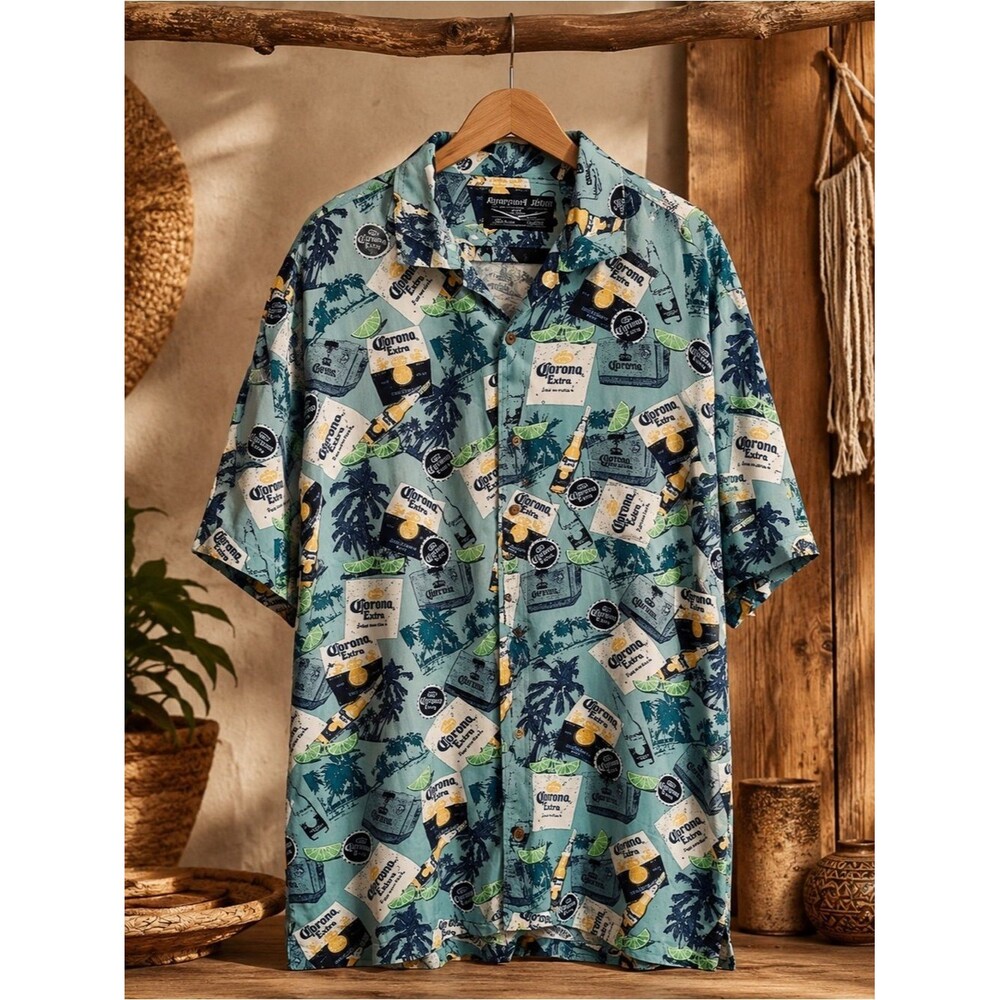 Corona Newport Blue Extra Beer Button Down Casual Mens 2XL Shirt